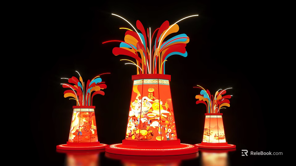 Red Tower Shaped Lantern Photo Check In Spot With Colorful Decorations And Fu Characters 3d model 