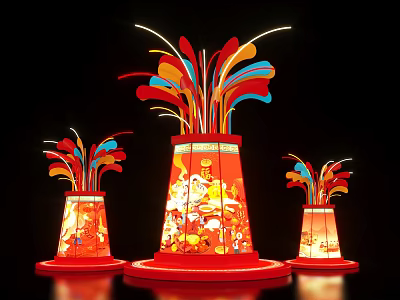 Red Tower Shaped Lantern Photo Check In Spot With Colorful Decorations And Fu Characters 3d model