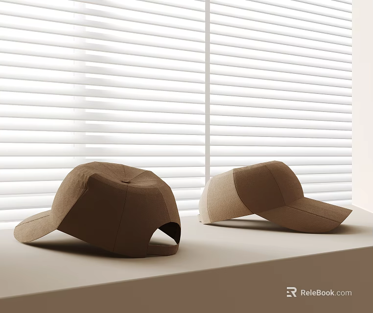 Two Brown Hats Placed On White Tabletop In Front Of White Blinds 3d model 