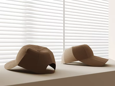Two Brown Hats Placed On White Tabletop In Front Of White Blinds 3d model