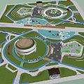 Park Landscape Layout with Circular Paths Round Building and Water Features 3d model