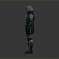 Game Movie Character With Hooded Coat Neon Green Accents And Tactical Armor Design