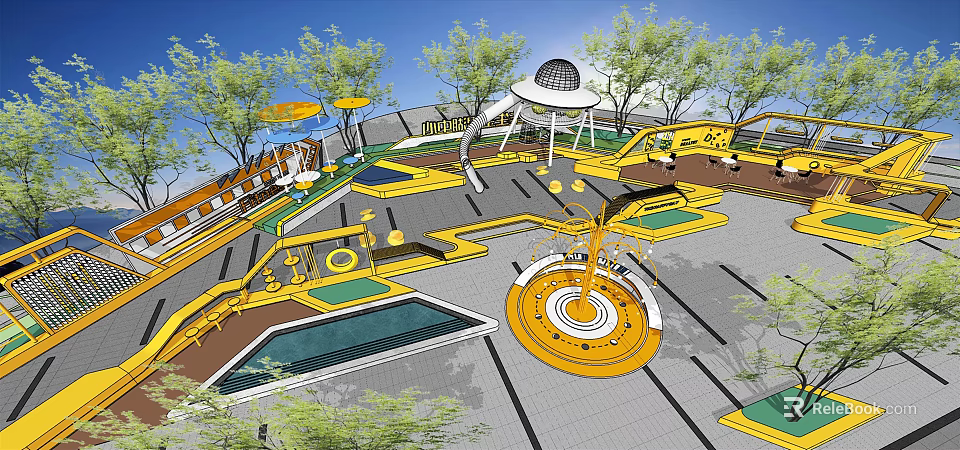 Kids Playground Design With Yellow Structures Slides Circular Spinning Equipment And Trees 3d model 