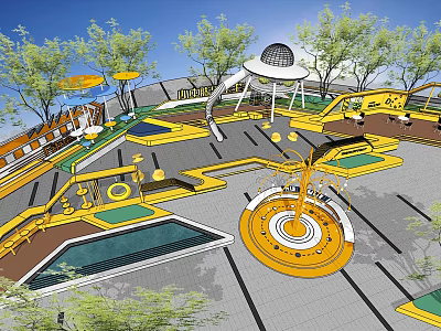 Kids Playground Design With Yellow Structures Slides Circular Spinning Equipment And Trees 3d model