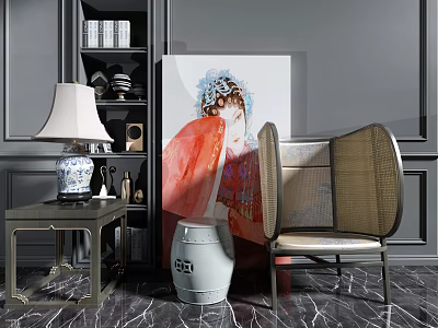 Modern Rattan Accent Chair in Stylish Interior with Artwork Lamp Side Table and Decor 3d model