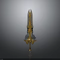 Ornate Fantasy Sword With Decorative Golden Accents Silver Details And Sharp Blade