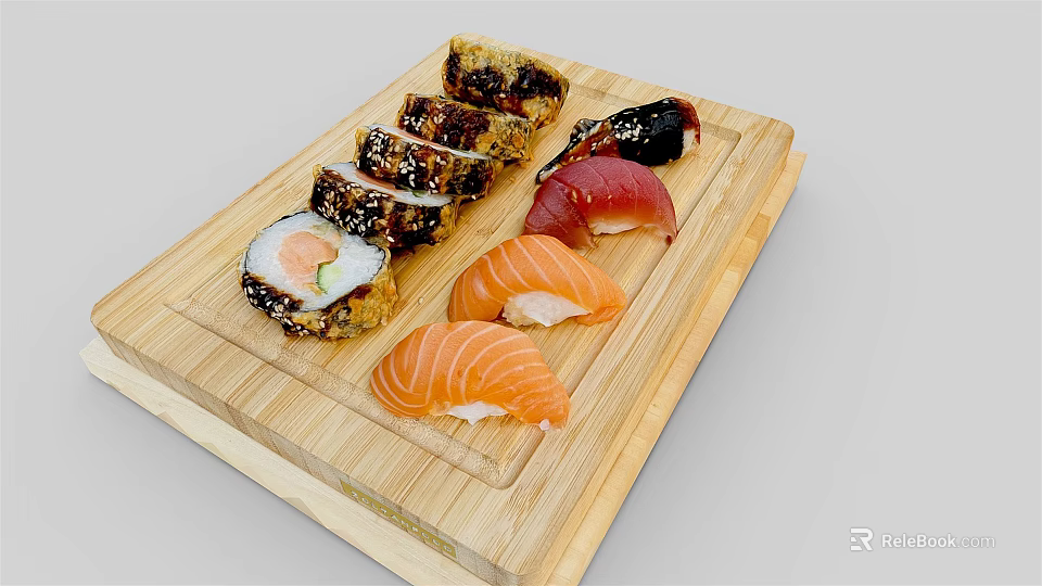 Assorted Fresh Sushi Platter With Salmon Sashimi And Rolls On Wooden Board 3d model 