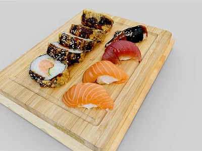 Assorted Fresh Sushi Platter With Salmon Sashimi And Rolls On Wooden Board 3d model