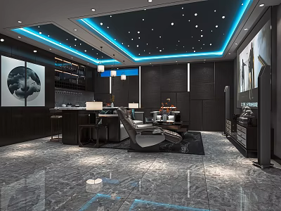 Modern Home Theater Room With Starry Ceiling Blue Lighting Dark Walls Projection Screen And Comfortable Seating 3d model