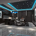 Modern Home Theater Room With Starry Ceiling Blue Lighting Dark Walls Projection Screen And Comfortable Seating