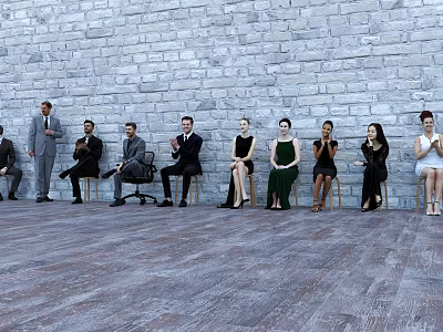 Group of People Sitting on Chairs in Front of Brick Wall With Wooden Floor 3d model