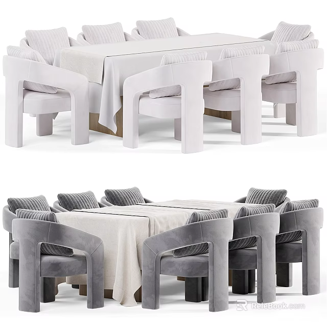 Modern Dining Table Set With Gray Curved Chairs And White Tablecloth Design 3d model 