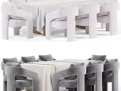 Modern Dining Table Set With Gray Curved Chairs And White Tablecloth Design 3d model