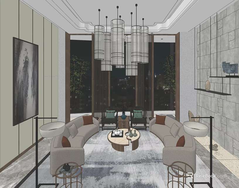 Modern Hotel Public Lounge Area With Sofas Coffee Table Chandeliers And Night View Windows 3d model