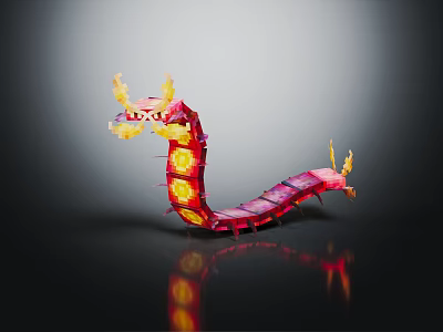 Traditional Chinese Dragon Lantern with Vibrant Yellow Decorations and Black Background Reflection 3d model