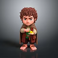 Cartoon Dwarf Character With Brown Curly Hair Holding Yellow Object In Hand