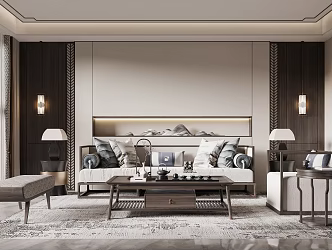 New Chinese Style Living Room Sofa Background Wall Sofa Combination 3d model