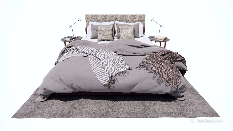 Modern Double Bed With Gray Comforter Decorative Throws Bedside Tables And Lamps 3d model 