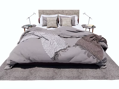 Modern Double Bed With Gray Comforter Decorative Throws Bedside Tables And Lamps 3d model