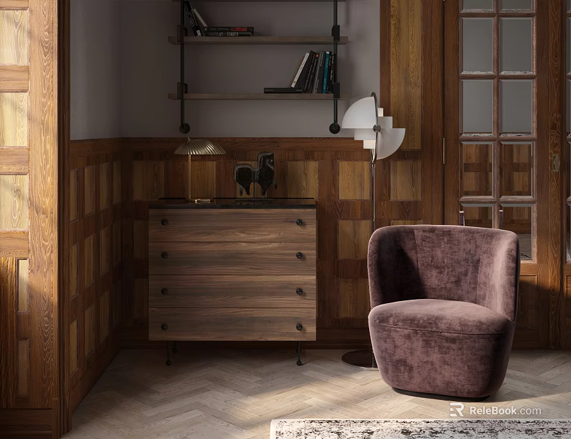 Plum Velvet Single Seater Sofa With Wooden Dresser And Floor Lamp In Wooden Wall Interior 3d model 