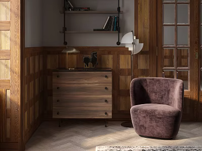Plum Velvet Single Seater Sofa With Wooden Dresser And Floor Lamp In Wooden Wall Interior 3d model