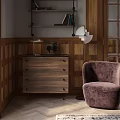 Plum Velvet Single Seater Sofa With Wooden Dresser And Floor Lamp In Wooden Wall Interior