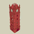Tall Red Clock Tower With Spires Windows And Arched Doorway Exterior