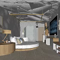 Hotel Guest Room Featuring Round Bed White Canopy Flat Screen TV And Ambient Lighting