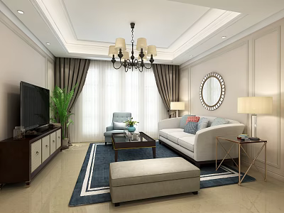 Modern Living Room Interior With Chandelier Sofa Coffee Table Round Mirror And Green Plant 3d model