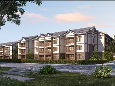 Traditional Style Multi storey Townhouses With Wooden Accents Roof Design And Lush Greenery 3d model