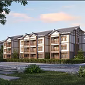 Traditional Style Multi storey Townhouses With Wooden Accents Roof Design And Lush Greenery