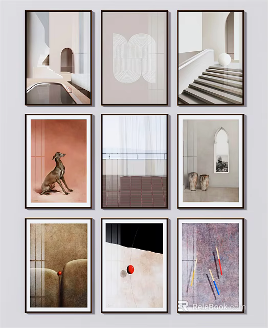 Nine Grid Wall Art Decorative Paintings With Staircase Dog And Abstract Patterns 3d model 