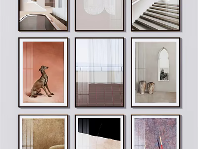 Nine Grid Wall Art Decorative Paintings With Staircase Dog And Abstract Patterns 3d model