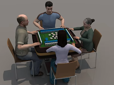 Two People Playing Board Game at Table with Others 3d model