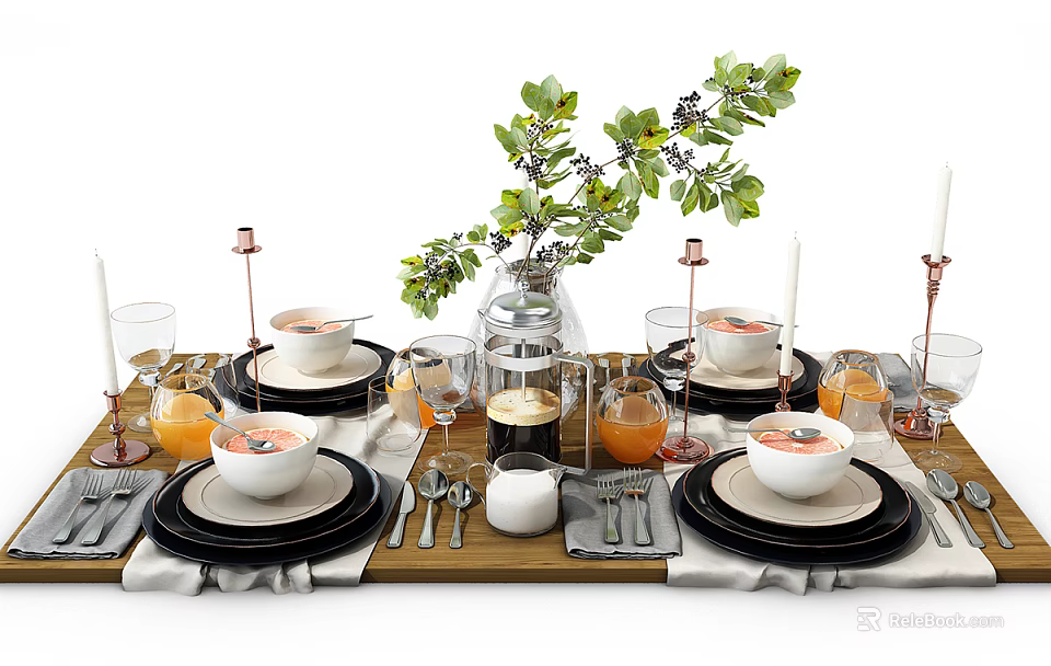 Elegant Dinnerware Set with Bowls Plates Glasses Candle Holders and Green Plant for Table Setting 3d model 