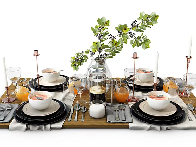 Elegant Dinnerware Set with Bowls Plates Glasses Candle Holders and Green Plant for Table Setting 3d model