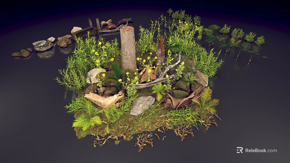 Natural Miniature Landscape With Tree Stump Stones Green Plants And Yellow Flowers 3d model 