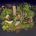 Natural Miniature Landscape With Tree Stump Stones Green Plants And Yellow Flowers
