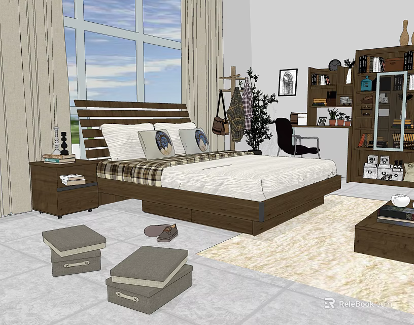 Modern Bedroom Interior With Double Bed Large Window Curtains Nightstand And Storage Boxes 3d model