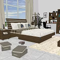 Modern Bedroom Interior With Double Bed Large Window Curtains Nightstand And Storage Boxes 3d model