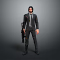 Game Movie Character Man in Black Suit with Torn Details Holding Gun Against Gray Background