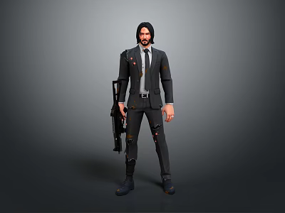 Game Movie Character Man in Black Suit with Torn Details Holding Gun Against Gray Background 3d model