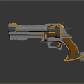 Futuristic Sci Fi Revolver With Orange Silver Metal Body Wooden Grip And Mechanical Gear Details