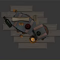 Vintage Scene Composition With Wooden Barrels Green Bottle Rolled Scroll Lit Candle And Gold Coins
