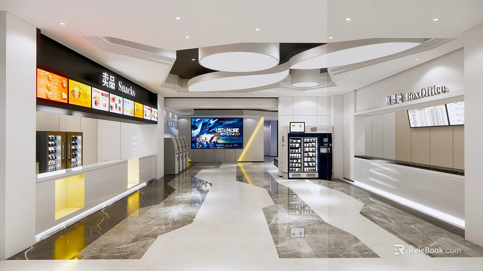 Modern Cinema Lobby With Ticket Counter Snack Bar Large Screen And Bright Lighting 3d model 