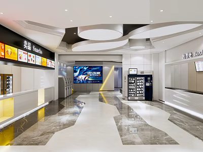 Modern Cinema Lobby With Ticket Counter Snack Bar Large Screen And Bright Lighting 3d model