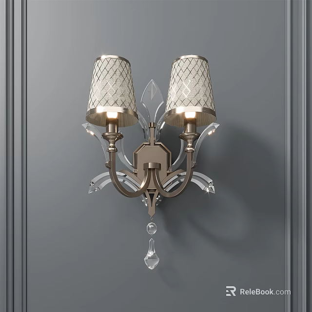 Elegant Wall Sconce With Two Mesh Lampshades Metal Base And Crystal Decorations On Gray Wall 3d model 