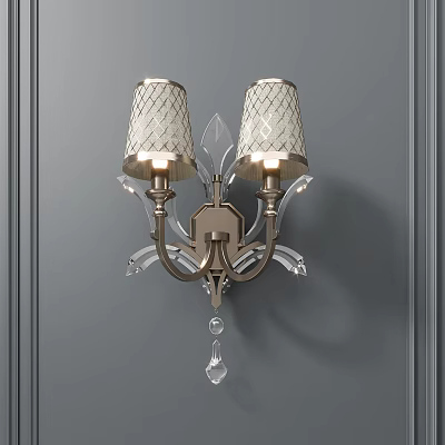 Elegant Wall Sconce With Two Mesh Lampshades Metal Base And Crystal Decorations On Gray Wall 3d model