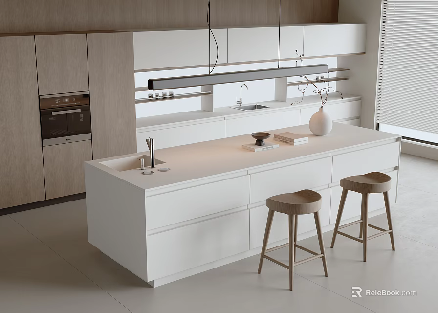 Modern Kitchen Island Bar With White Countertop Wooden Stools And Cabinets 3d model 