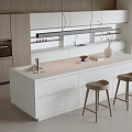 Modern Kitchen Island Bar With White Countertop Wooden Stools And Cabinets